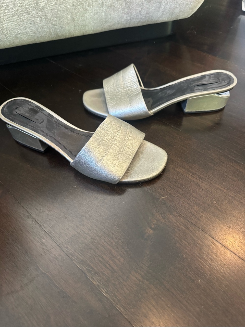 Alexander Wang Metallic Silver Slide Sandals with Low Block Heel